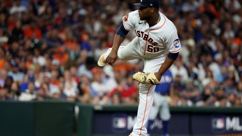 Oct 23, 2023; Houston, Texas, USA; Houston Astros pitcher Hector Neris (50) throws during the fifth inning of game seven in the ALCS against the Texas Rangers for the 2023 MLB playoffs at Minute Maid Park. Mandatory Credit: Thomas Shea-USA TODAY Sports