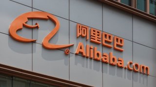 The logo of the Alibaba office building is seen in the Huangpu District in Shanghai, June 16, 2023.