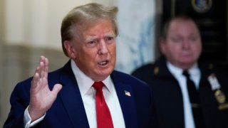 Former U.S. President Donald Trump speaks after arriving for his civil business fraud trial in New York State Supreme Court on December 7, 2023 in New York City. 