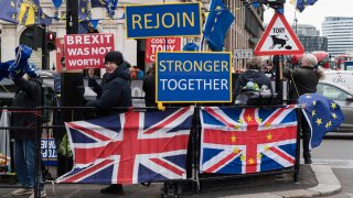 Pro-EU demonstrators protest outside Parliament against Brexit on the fourth anniversary of Britain’s official departure from the European Union in London, United Kingdom on January 31, 2024.