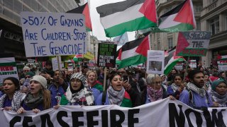 Pro-Palestinian protesters hold up banners, flags and placards during a demonstration in London