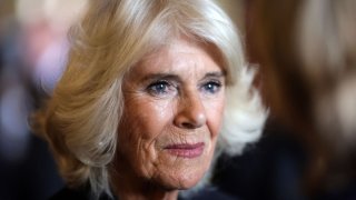 FILE – Britain’s Camilla, Queen Consort reacts during a visit at Cardiff Castle, in Cardiff, in south Wales on September 16, 2022.