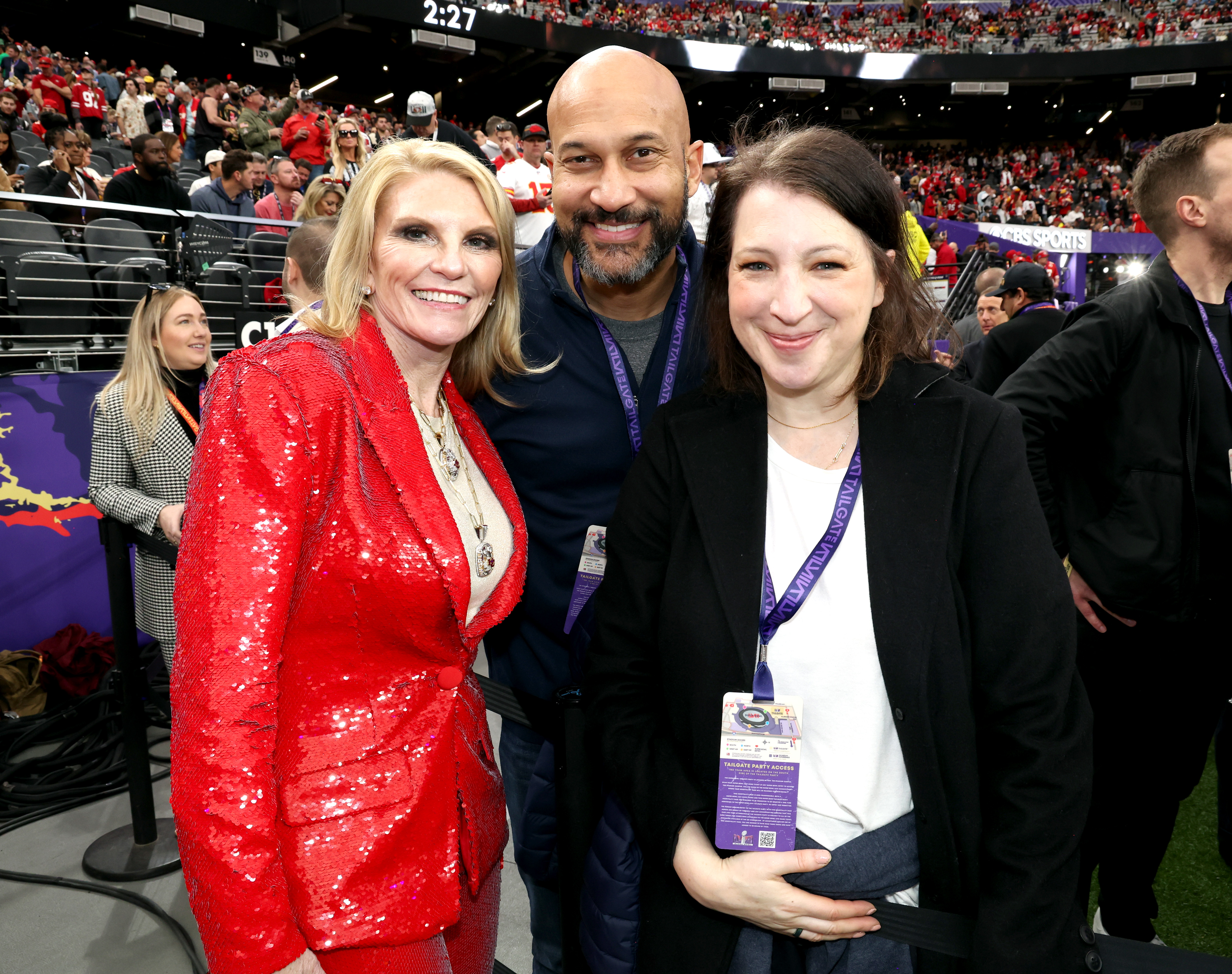 Tammy Reid, Keegan-Michael Key and Elise Key attend the Super Bowl LVIII Pregame at Allegiant Stadium on February 11, 2024 in Las Vegas, Nevada.<br><em>(Photo by Kevin Mazur/Getty Images for Roc Nation)</em>