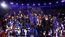 LAS VEGAS, NEVADA - FEBRUARY 11: (L-R) H.E.R., Ludacris, Usher, Lil Jon, Jermaine Dupri and will.i.am perform onstage during the Apple Music Super Bowl LVIII Halftime Show at Allegiant Stadium on February 11, 2024 in Las Vegas, Nevada. (Photo by Kevin Mazur/Getty Images for Roc Nation)