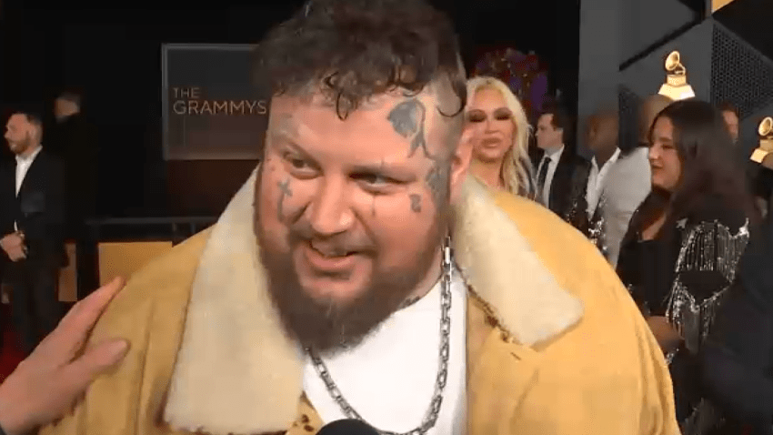 Country rap star Jelly Roll speaks with NBC4's Robert Kovacik at the 2024 Grammy Awards on Sunday, Feb. 4, 2024.