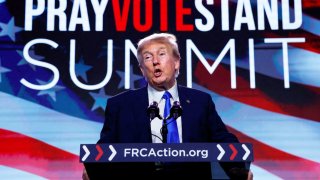 Former U.S. President and Republican presidential candidate Donald Trump addresses the Pray Vote Stand Summit, organized by the Family Research Council in Washington, September 15, 2023.