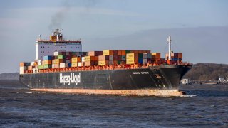 The Toronto Express container ship, operated by Hapag-Lloyd AG at the Port of Hamburg in Hamburg, Germany, on Wednesday, Dec. 20, 2023.