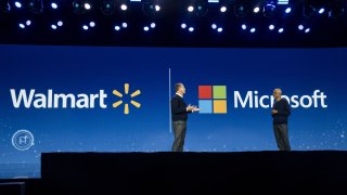 Doug McMillon, chief executive officer of Walmart Inc., left, and Satya Nadella, chief executive officer of Microsoft Corp., during the 2024 CES event in Las Vegas, Nevada, US, on Tuesday, Jan. 9, 2024. 