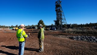 Workers talk at the Energy Fuels Inc. uranium Pinyon Plain Mine