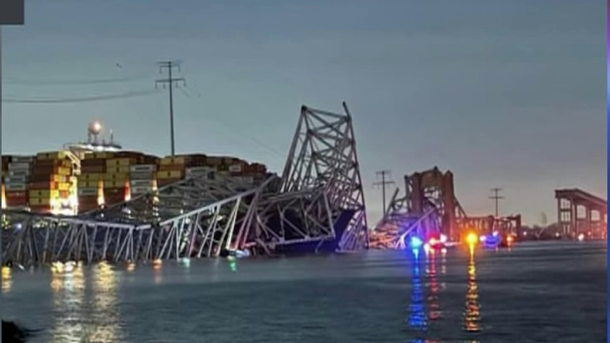 Video shows moment Baltimore bridge collapses following boat strike