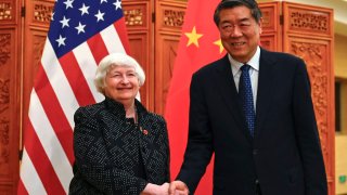 US Treasury Secretary Janet Yellen (L) shakes hands with China’s Vice Premier He Lifeng in the southern Chinese city of Guangzhou, on April 5, 2024.