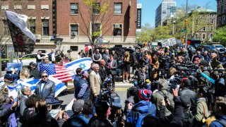 Nassau County Executive Bruce A Blakeman speaks in front of the entrance of Columbia University which is occupied by pro-Palestian protesters in New York on April 22, 2024. 