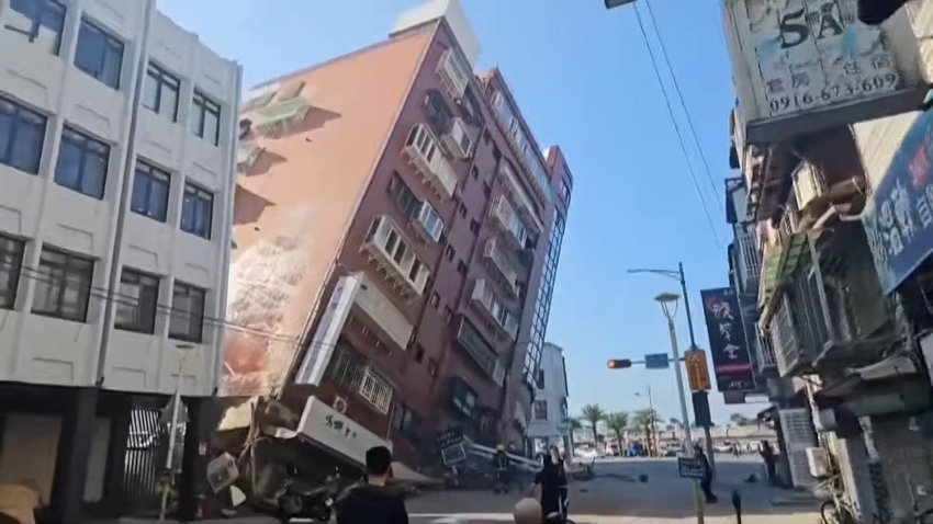 A building appears leaning after earthquake