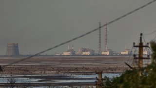 FILE - The Zaporizhzhia nuclear power plant, Europe's largest, is seen in the background of the shallow Kakhovka Reservoir