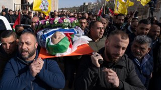 FILE - Mourners carry the body of Omar Assad, during his funeral in the West Bank village of Jiljiliya, north of Ramallah, Thursday, Jan. 13, 2022. Israeli leaders on Sunday, April 21, 2024, harshly criticized an expected decision by the U.S. to impose sanctions on a unit of ultra-Orthodox soldiers in the Israeli military. The unit came under heavy American criticism in 2022 after the elderly Palestinian-American man was found dead shortly after he was detained at a West Bank checkpoint.