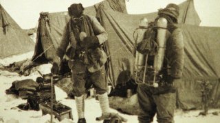 FILE – British mountaineers George Mallory is seen with Andrew Irvine at the base camp in Nepal, both members of the Mount Everest expeditions 1922 and 1924, as they get ready to climb the peak of Mount Everest June 1924.