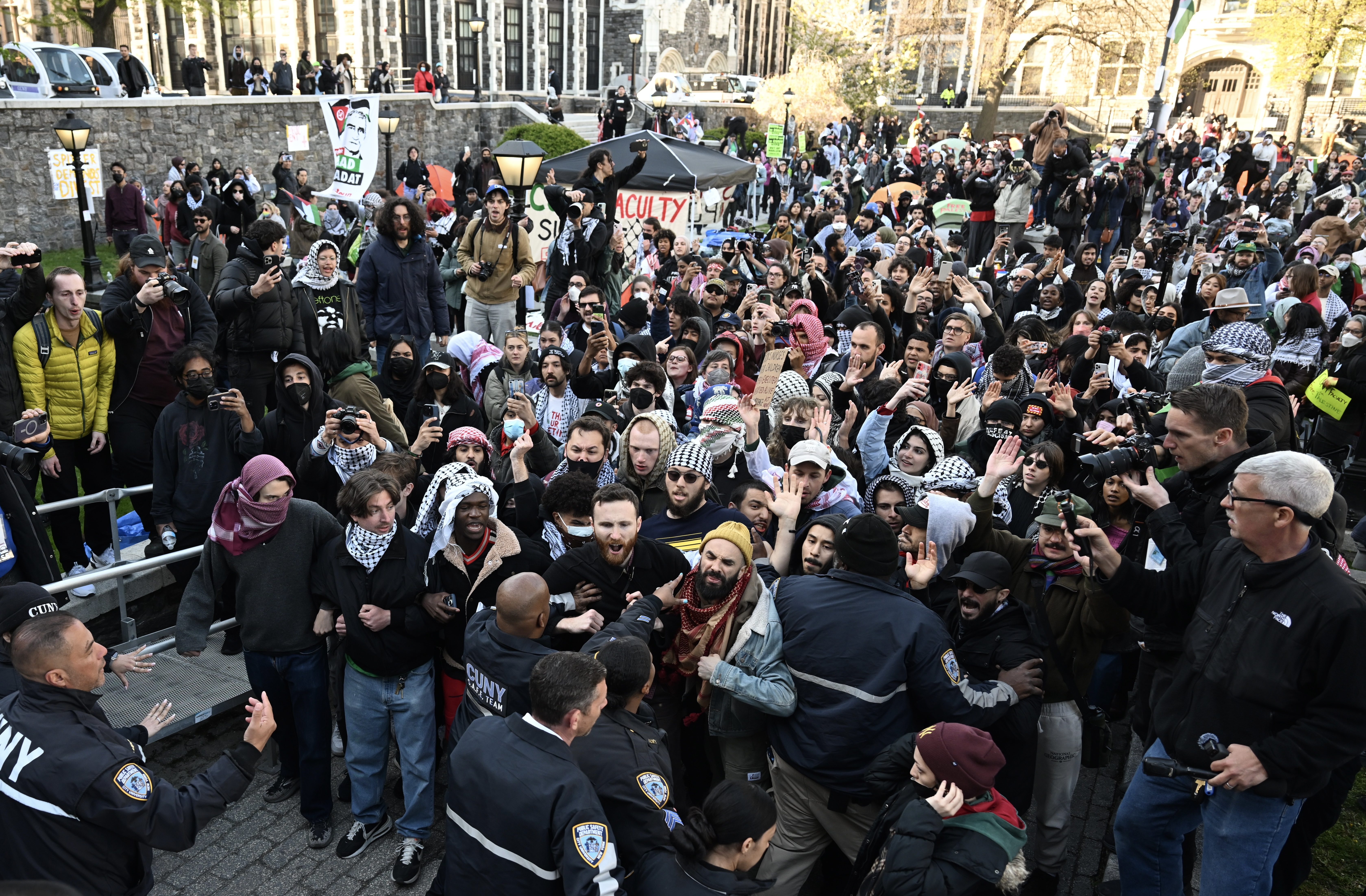 Tension rises between City College of New York students and police as the students protest against the Israel-Hamas war on Thursday, April 25, 2024.