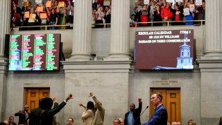 Rep. Ryan Williams, R-Cookeville, right, watches his bill to allow some teachers to be armed in schools pass the House as others react during a legislative session, April 23, 2024, in Nashville, Tenn.