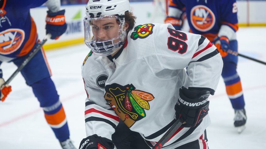 Apr 2, 2024; Elmont, New York, USA; Chicago Blackhawks center Connor Bedard (98) track the puck against the New York Islanders during the third period at UBS Arena. Mandatory Credit: Thomas Salus-USA TODAY Sports