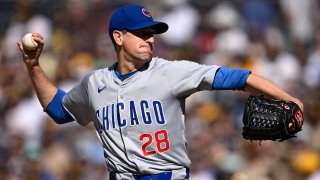 Apr 10, 2024; San Diego, California, USA; Chicago Cubs pitcher Kyle Hendricks (28) throws a pitch against the San Diego Padres during the first inning at Petco Park. Mandatory Credit: Orlando Ramirez-USA TODAY Sports