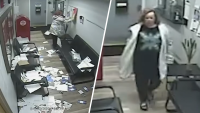 Police search for woman caught on camera ransacking suburban police station lobby