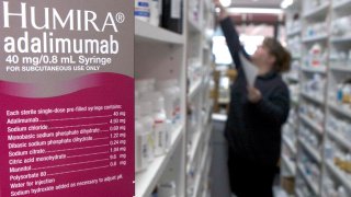 Humira, the injectable rheumatoid arthritis treatment is pictured in a pharmacy in Cambridge, Massachusetts.