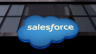 A Salesforce corporate logo hangs over the front door of the Salesforce Tower on January 22, 2024, in New York City.