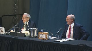 Warren Buffett and Greg Abel during the Berkshire Hathaway Annual Shareholders Meeting in Omaha, Nebraska on May 4, 2024.