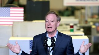 Brad Smith, vice chair and president of Microsoft, speaks at Gateway Technical College in Sturtevant, Wisconsin, on May 8, 2024.