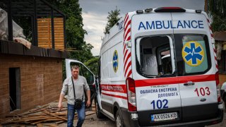 A damaged ambulance as a result of Russian shelling of the Berig family recreation center in Cherkasska Lozova, Kharkiv Region, Ukraine on May 19, 2024.