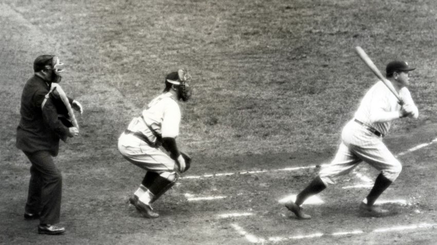 BRONX, NY – OCTOBER, 1932:  Babe Ruth #3 of the New York Yankees swings at a picth as catcher Gabby Hartnett #7 of the Chicago Cubs follows the ball during the 1932 World Series at Yankee Stadium in Bronx, New York.  (Photo by B Bennett/Getty Images)