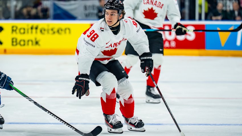 PRAGUE, CZECH REPUBLIC – MAY 11: Connor Bedard of Canada controls the puck during the 2024 IIHF Ice Hockey World Championship Czechia match between Great Britain and Canada at the O2 Arena on May 11, 2024 in Prague, Czech Republic. (Photo by Pasi Suokko/Apollo Photo/DeFodi Images via Getty Images)