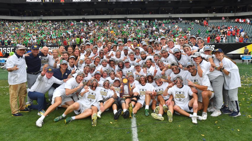 PHILADELPHIA, PENNSYLVANIA – MAY 27: The Notre Dame Fighting Irish celebrate the Championship victory during the Division I Men’s Lacrosse Championship held at Lincoln Financial Field on May 27, 2024 in Philadelphia, Pennsylvania.  (Photo by Larry French/NCAA Photos via Getty Images)