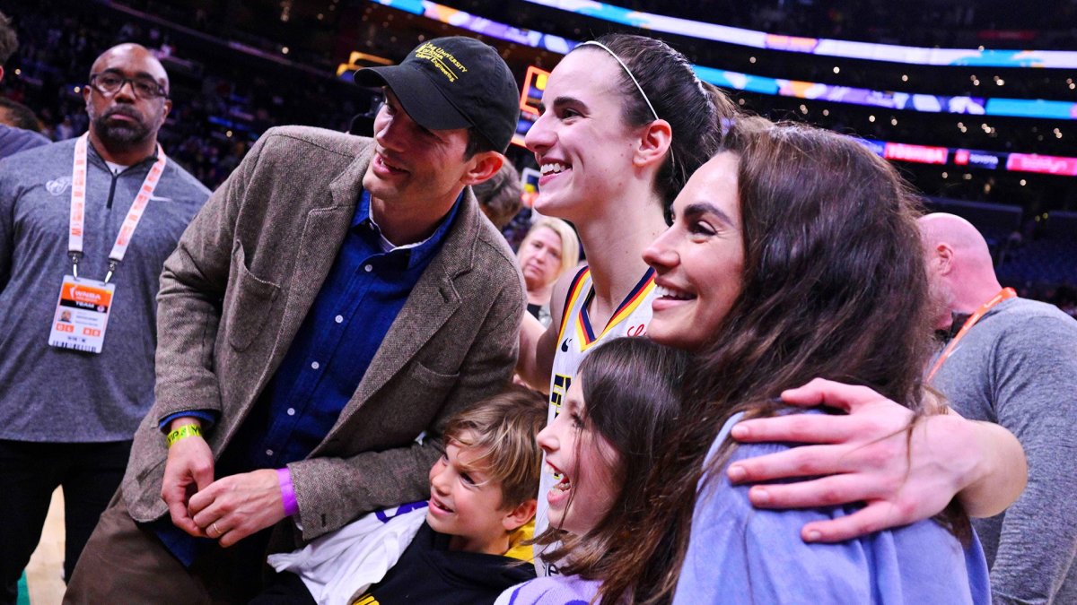 Ashton Kutcher, Mila Kunis and their kids watch Caitlin Clark play