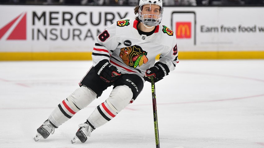 Apr 18, 2024; Los Angeles, California, USA; Chicago Blackhawks center Connor Bedard (98) in action against the Los Angeles Kings during the third period at Crypto.com Arena. Mandatory Credit: Gary A. Vasquez-USA TODAY Sports