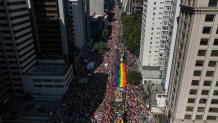 Participants carry a rainbow banner as thousands march in the annual Gay Pride Parade in Sao Paulo, Sunday, June 2, 2024. (AP Photo/Andre Penner)