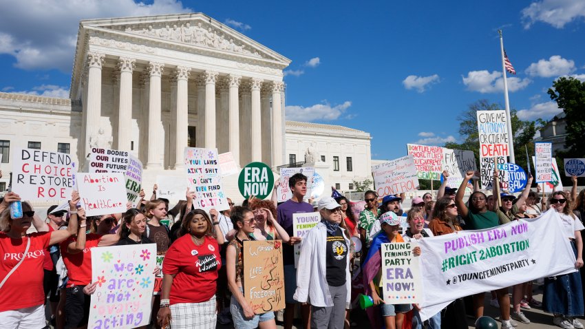 Abortion rights activists and Women’s March leaders protest as part of a national day of strike actions outside the Supreme Court, Monday, June 24, 2024, in Washington.