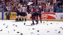 MIAMI, FLORIDA - JUNE 1996: The Florida Panthers celebrate a goal against the Colorado Avalanche during the Stanley Cup Finals in June 1996 in Miami, Florida (Photo by Bruce Bennett/Bruce Bennett Studios via Getty Images)