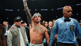 NEW YORK, NEW YORK - APRIL 20: Ryan Garcia celebrates after defeating Devin Haney in a fight at Barclays Center on April 20, 2024 in New York City. (Photo by Cris Esqueda/Golden Boy/Getty Images)