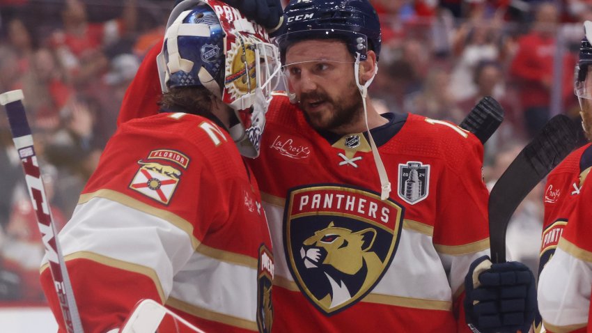 Sam Reinhart #13 and Sergei Bobrovsky #72 of the Florida Panthers celebrate after winning Game One of the