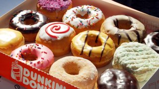 A dozen donuts from Dunkin' Donuts.