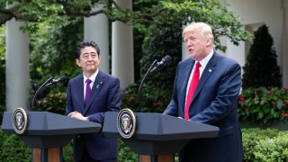 Prime Minister of Japan Shinz Abe, and U.S. President Donald Trump hold a joint press conference in the Rose Garden at the White House in Washington, D.C., on Thursday, June 7, 2018.