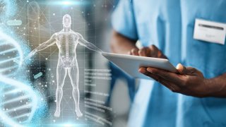 Hands, tablet and doctor with body hologram, overlay and dna research for medical innovation on app. Medic man, nurse and mobile touchscreen for typing on anatomy study or 3d holographic ux in clinic