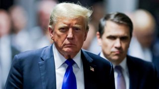 Former U.S. President Donald Trump comments as he leaves the courthouse after a jury found him guilty of all 34 felony counts in his criminal trial at New York State Supreme Court on May 30, 2024.