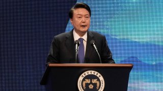 South Korea’s President Yoon Suk Yeol speaks during a ceremony held to mark the 74th anniversary of the start of the 1950-1953 Korean War, in Daegu on June 25, 2024.