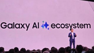 TM Roh, head of Samsung’s mobile business, talks about Galaxy AI at the Galaxy Unpacked event in Paris, France.