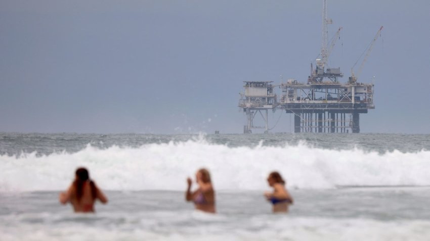 An offshore oil rig platform is photographed in Huntington Beach, California, U.S. July 4, 2024. 