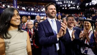 U.S. Sen. J.D. Vance (R-OH) and his wife Usha Chilukuri Vance celebrate as he is nominated for the office of Vice President alongside Ohio Delegate Bernie Moreno on the first day of the Republican National Convention at the Fiserv Forum on July 15, 2024 in Milwaukee, Wisconsin.