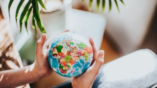 Person holding a small globe