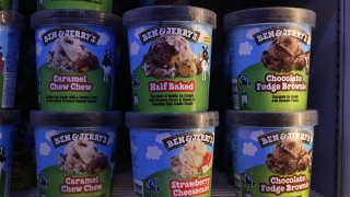 Tubs of Ben & Jerry’s ice cream in a store freezer in London, UK, on Thursday, April 25, 2024. Unilever Plc said it wanted to shed its ice cream division, which generates around 8 billion ($8.5 billion) in annual sales, in a bid to reverse years of lackluster performance.